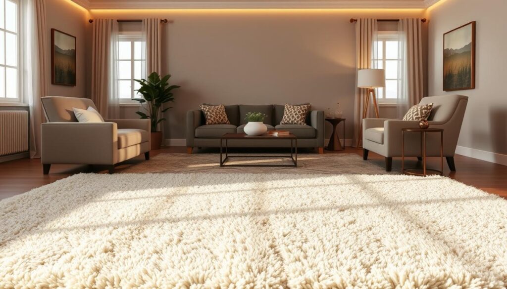 A cozy and inviting living room scene with a large, plush area rug in the foreground, showcasing various rug patterns, textures, and colors. The rug is the central focus, occupying the majority of the frame, with a warm, golden lighting illuminating it from above, creating a welcoming and relaxing atmosphere. In the middle ground, minimal but tasteful furniture, such as a comfortable sofa and armchair, complement the rug, while the background features a neutral, yet elegant wall color and simple window treatments, allowing the rug to take center stage. The overall composition conveys a sense of thoughtful curation, guiding the viewer through the process of selecting the perfect area rug for their home. A cozy and inviting living room scene with a large, plush area rug in the foreground, showcasing various rug patterns, textures, and colors. The rug is the central focus, occupying the majority of the frame, with a warm, golden lighting illuminating it from above, creating a welcoming and relaxing atmosphere. In the middle ground, minimal but tasteful furniture, such as a comfortable sofa and armchair, complement the rug, while the background features a neutral, yet elegant wall color and simple window treatments, allowing the rug to take center stage. The overall composition conveys a sense of thoughtful curation, guiding the viewer through the process of selecting the perfect area rug for their home.