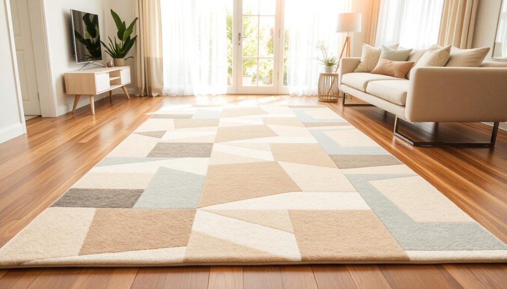 A vibrant, machine-washable area rug design featuring a bold, geometric pattern in a neutral color palette. The rug is laid on a hardwood floor in a well-lit, modern living room, bathed in warm, natural lighting from a large window. The pattern is a mix of overlapping rectangles and triangles in shades of beige, gray, and soft white, creating a visually striking yet calming composition. The rug's surface appears soft and plush, with a durable, low-pile texture that would be easy to clean and maintain. The overall scene conveys a sense of contemporary, low-maintenance style that would complement a variety of home decor styles. A vibrant, machine-washable area rug design featuring a bold, geometric pattern in a neutral color palette. The rug is laid on a hardwood floor in a well-lit, modern living room, bathed in warm, natural lighting from a large window. The pattern is a mix of overlapping rectangles and triangles in shades of beige, gray, and soft white, creating a visually striking yet calming composition. The rug's surface appears soft and plush, with a durable, low-pile texture that would be easy to clean and maintain. The overall scene conveys a sense of contemporary, low-maintenance style that would complement a variety of home decor styles.